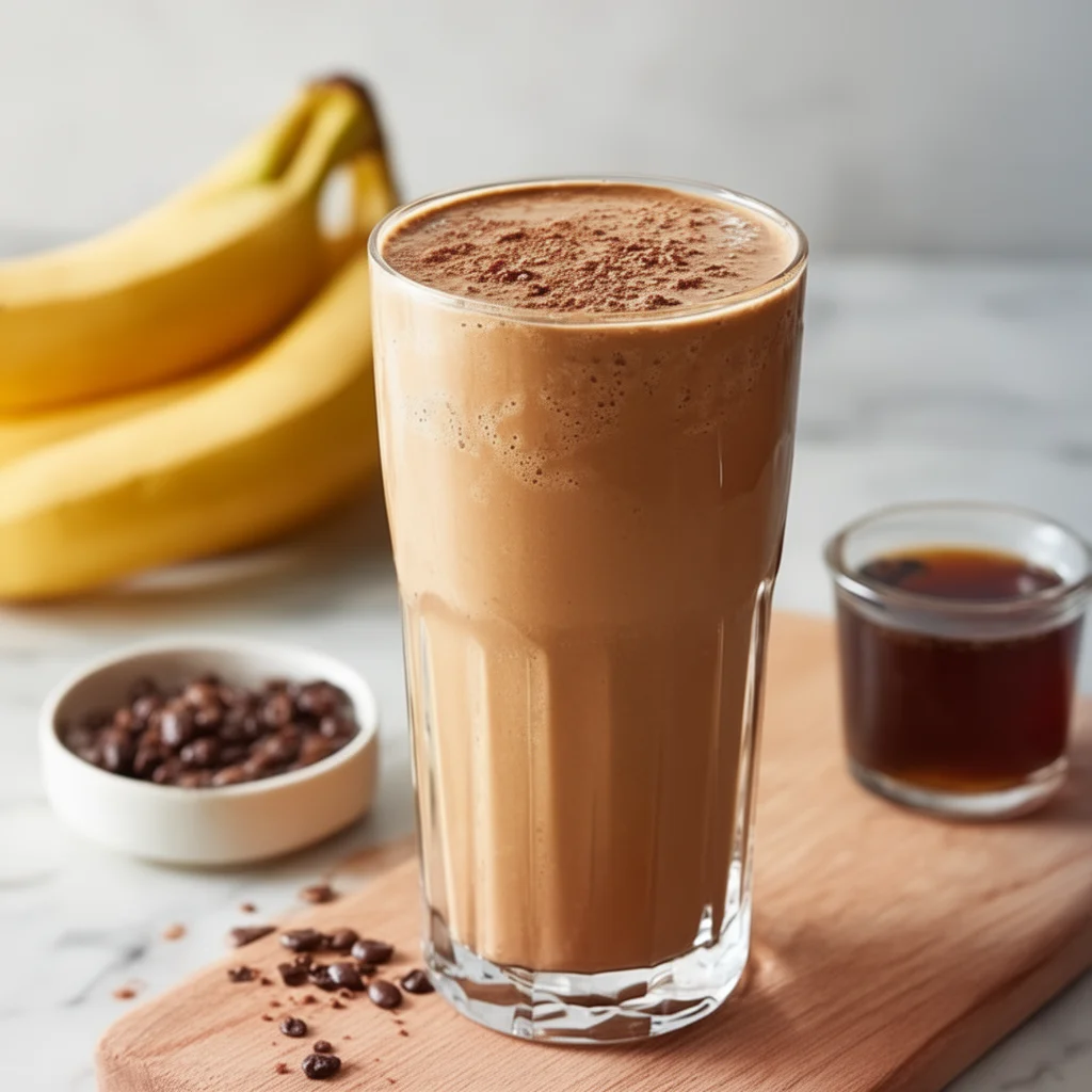 Banana Cold Brew Smoothie topped with whipped cream and cocoa powder