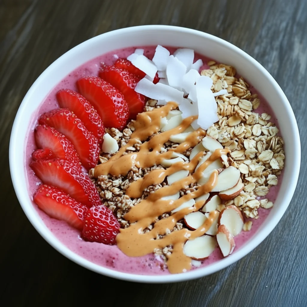 Berry protein smoothie bowl topped with fresh fruits and nuts