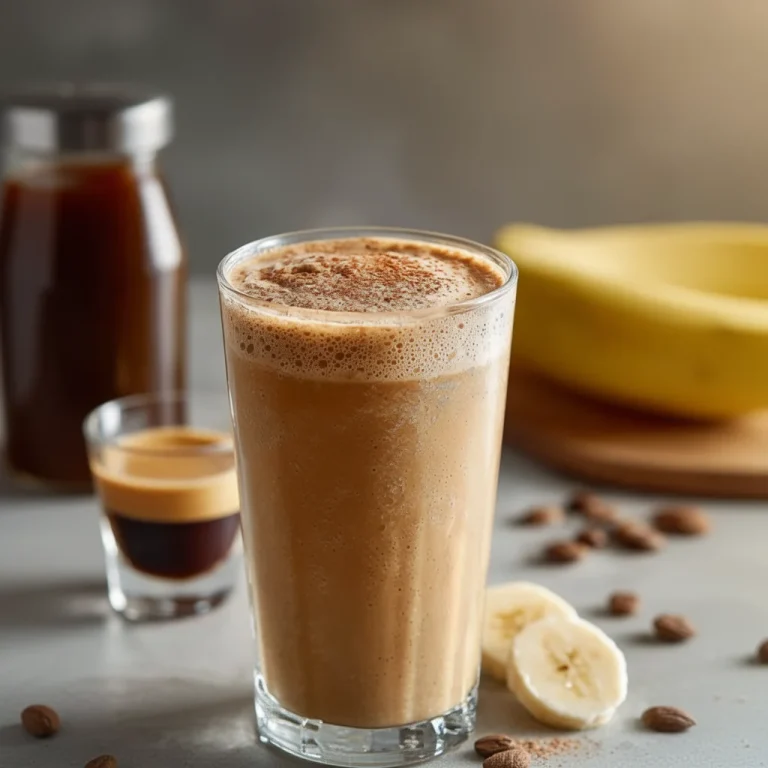 Cold brew coffee protein smoothie in a glass with coffee beans