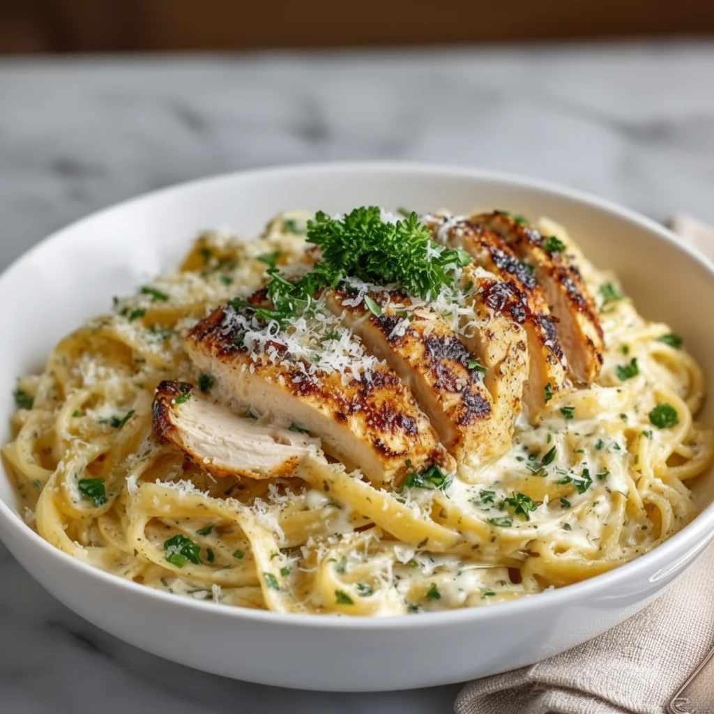 A plate of creamy Chicken Alfredo pasta garnished with parsley and parmesan cheese.