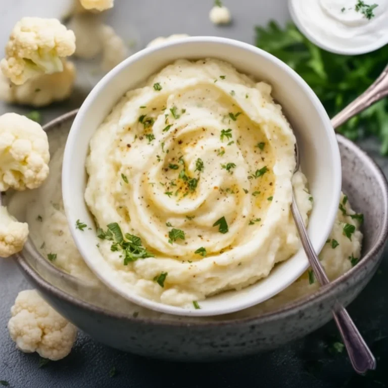 Creamy mashed cauliflower in a bowl garnished with herbs