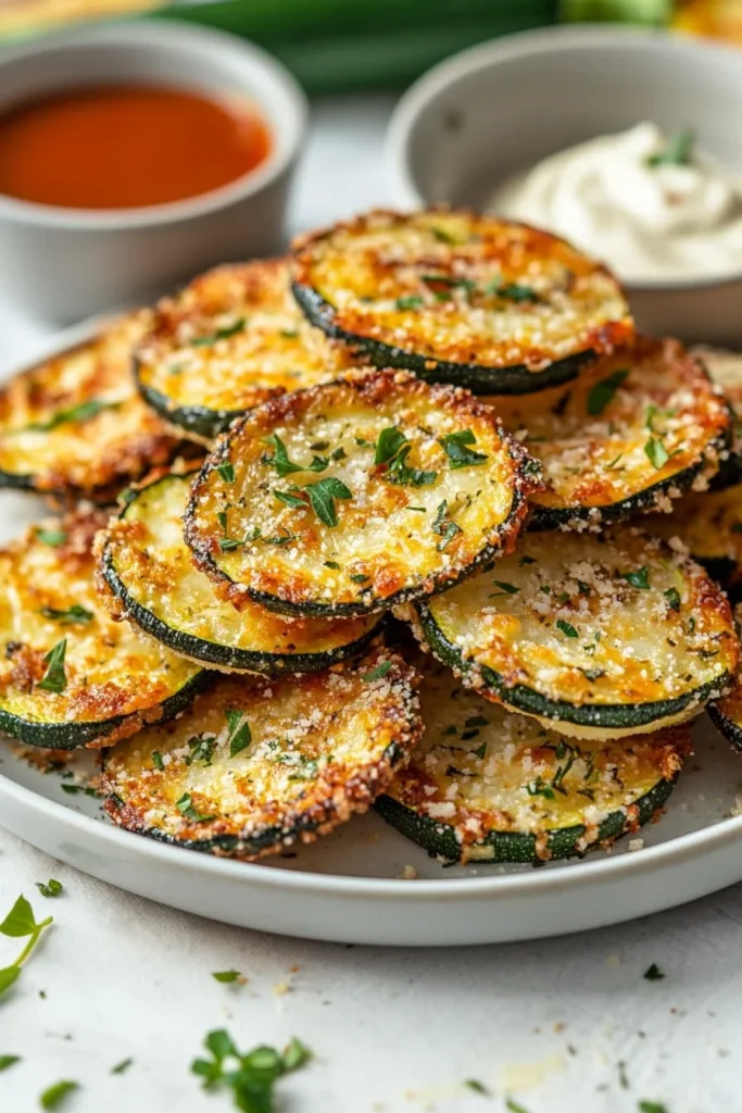 Crispy baked parmesan zucchini slices on a plate garnished with herbs