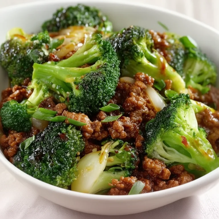 Ground beef and broccoli stir-fry served in a bowl garnished with sesame seeds.