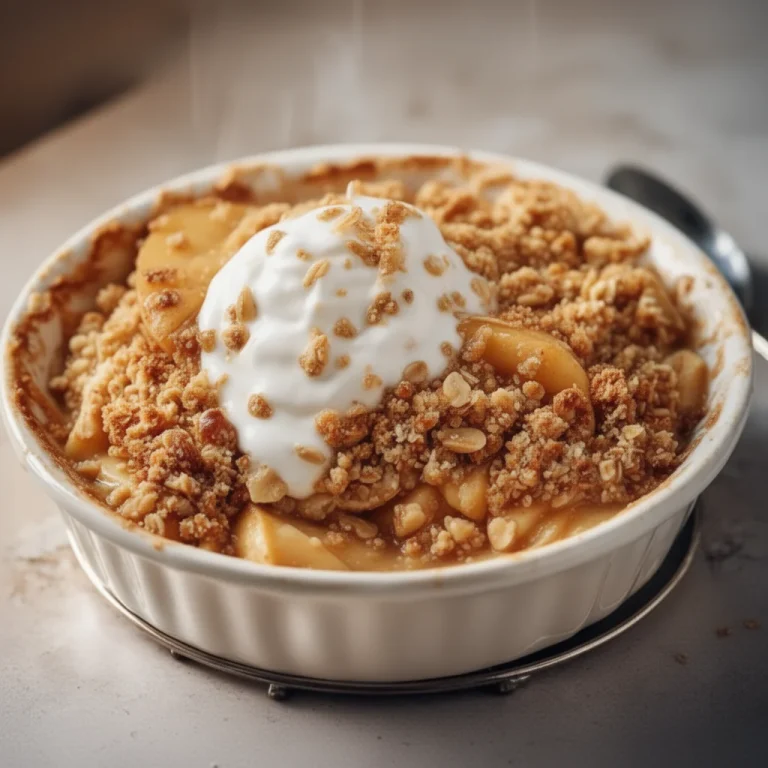 Healthy apple crisp dessert with oats and cinnamon in a baking dish