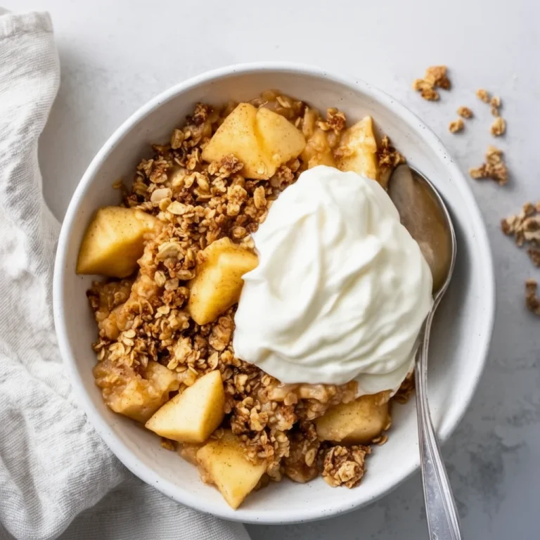 Healthy baked apple crisp topped with oats and cinnamon in a serving dish