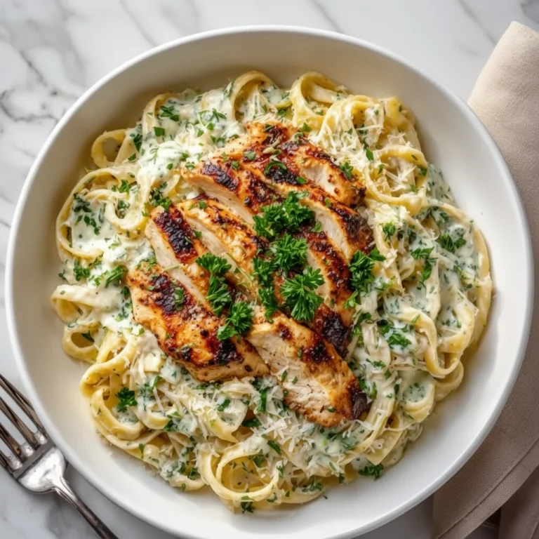Healthy Chicken Alfredo dish with creamy sauce and grilled chicken