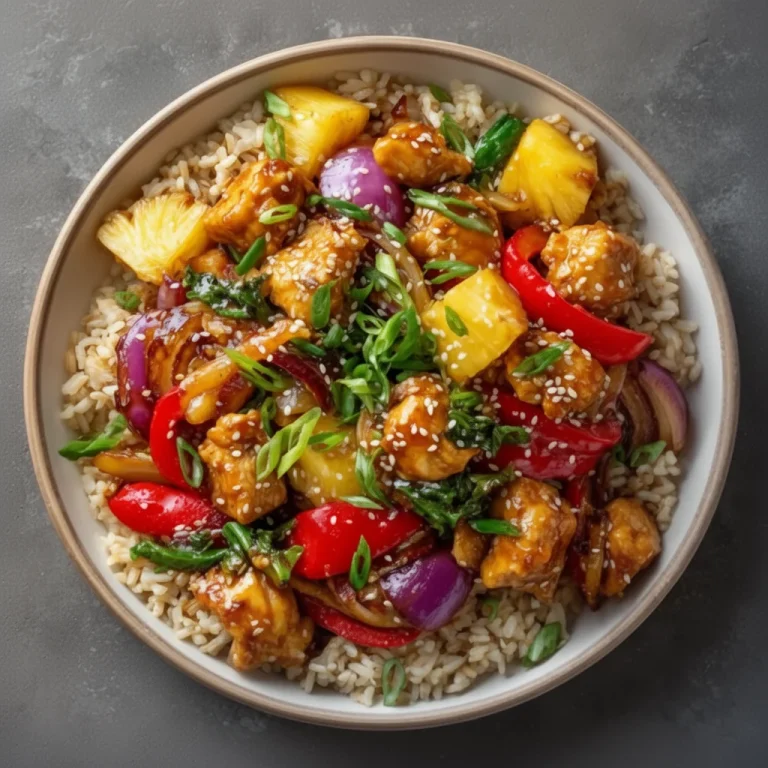 Healthy pineapple chicken stir-fry with colorful vegetables in a skillet.