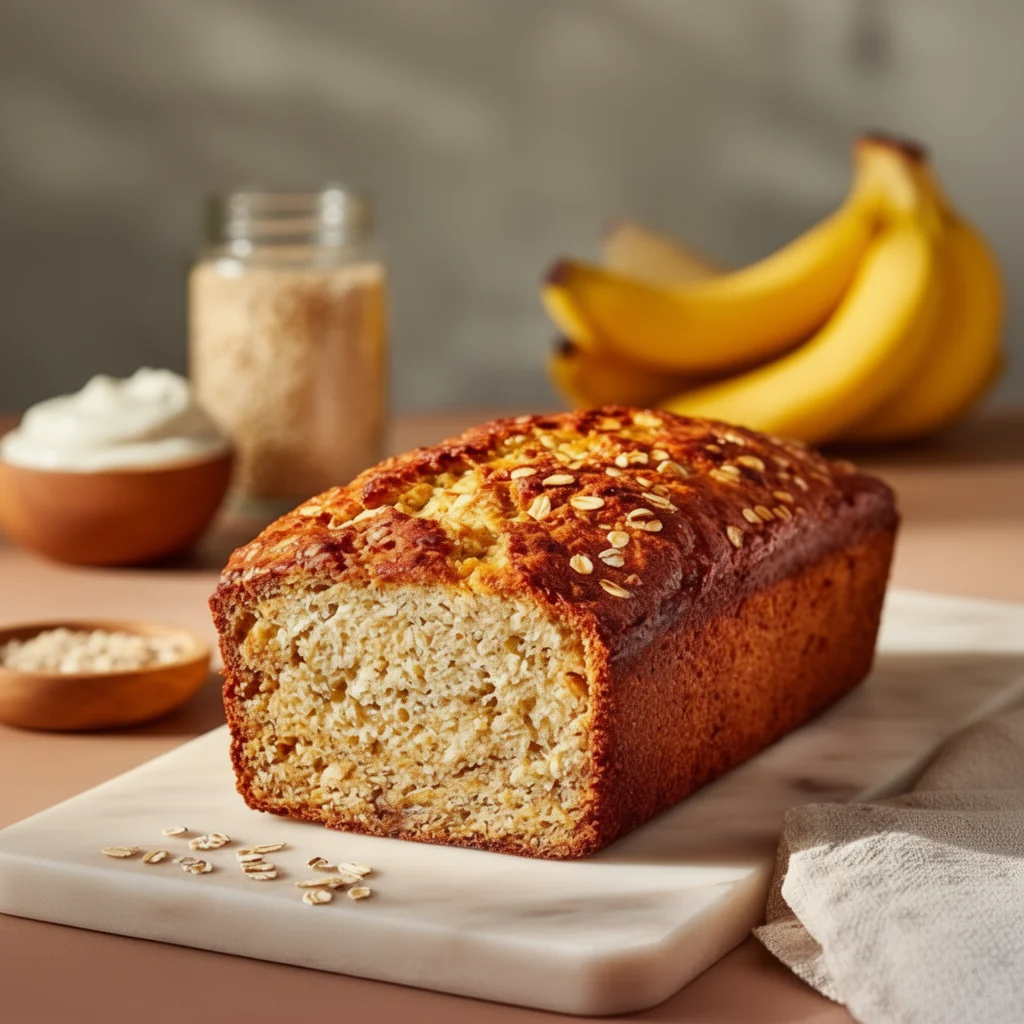Sliced high protein banana bread on a wooden board