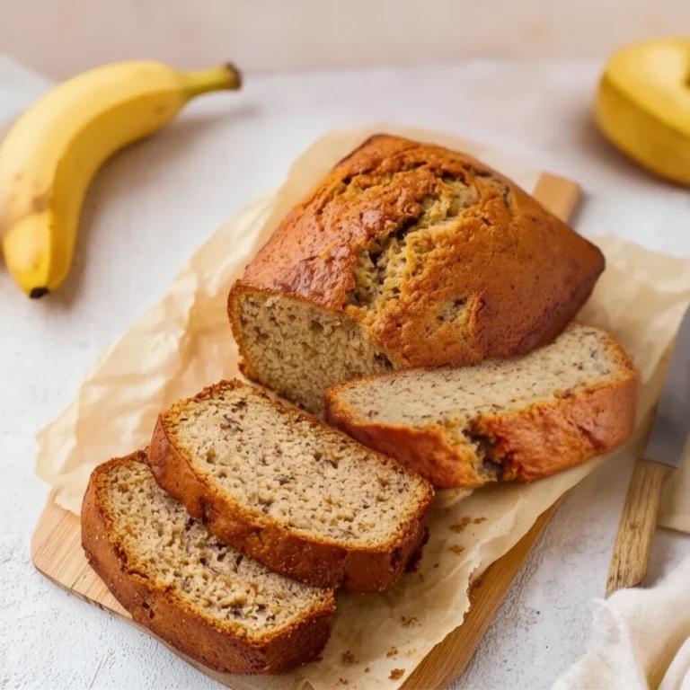 Slices of high protein banana bread on a wooden board topped with nuts.