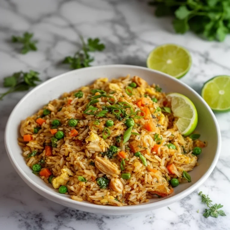 High-protein chicken fried rice dish served in a bowl with colorful vegetables.