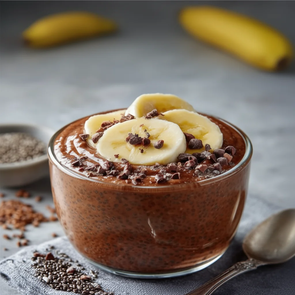 High protein chocolate chia pudding served in a bowl with toppings