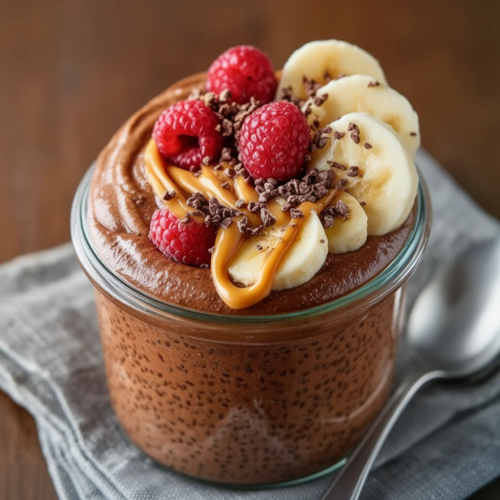 High protein chocolate chia pudding topped with fresh berries and nuts