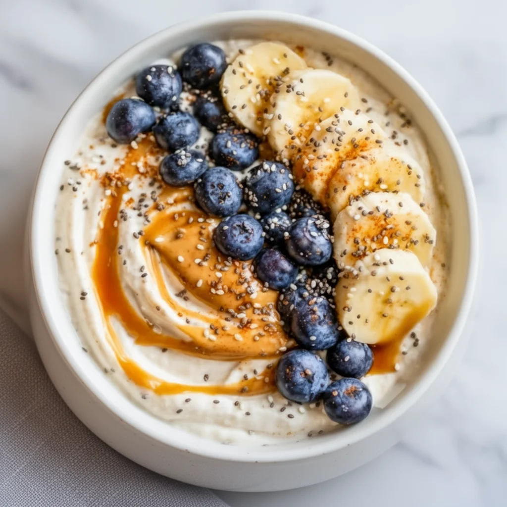 Delicious high protein cottage cheese breakfast bowl topped with fruits and nuts