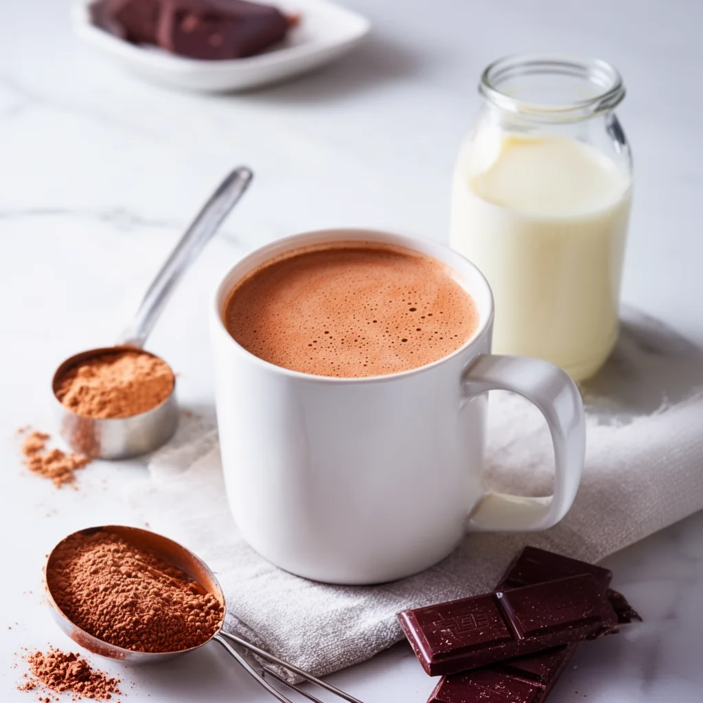 Delicious high protein hot chocolate topped with marshmallows and cocoa powder.