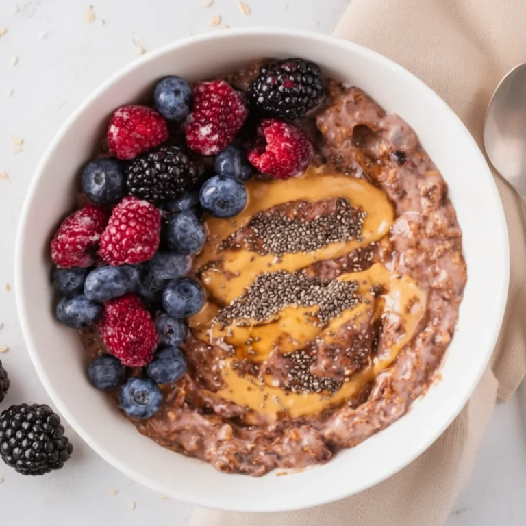 Delicious high protein oatmeal bowl topped with fruits and nuts