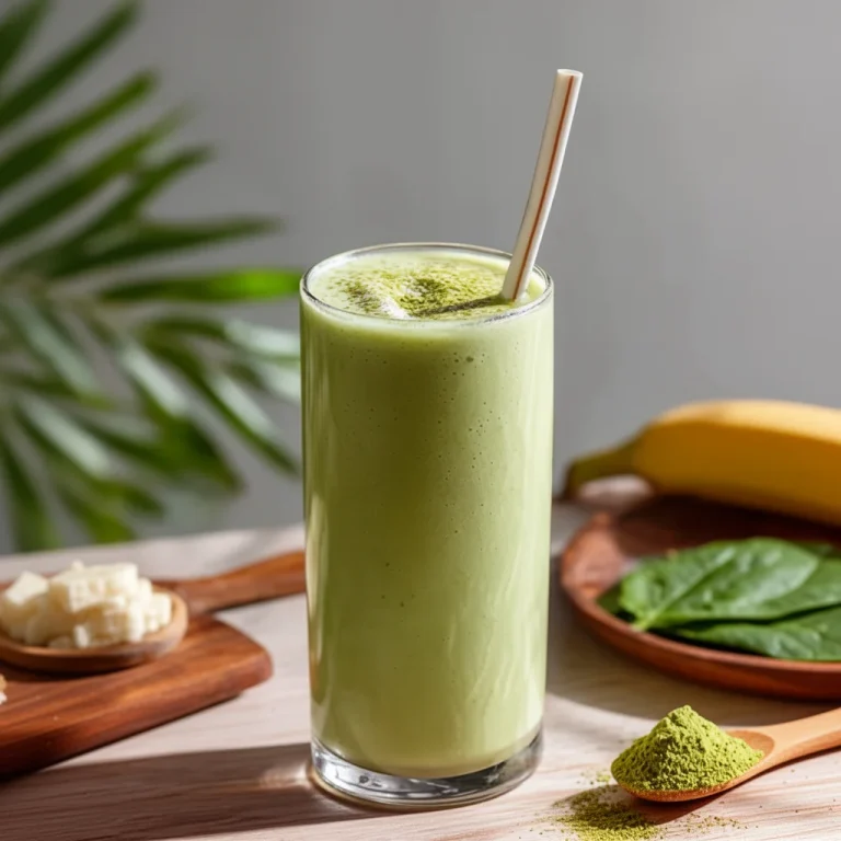 Delicious creamy matcha smoothie topped with fresh fruits and nuts