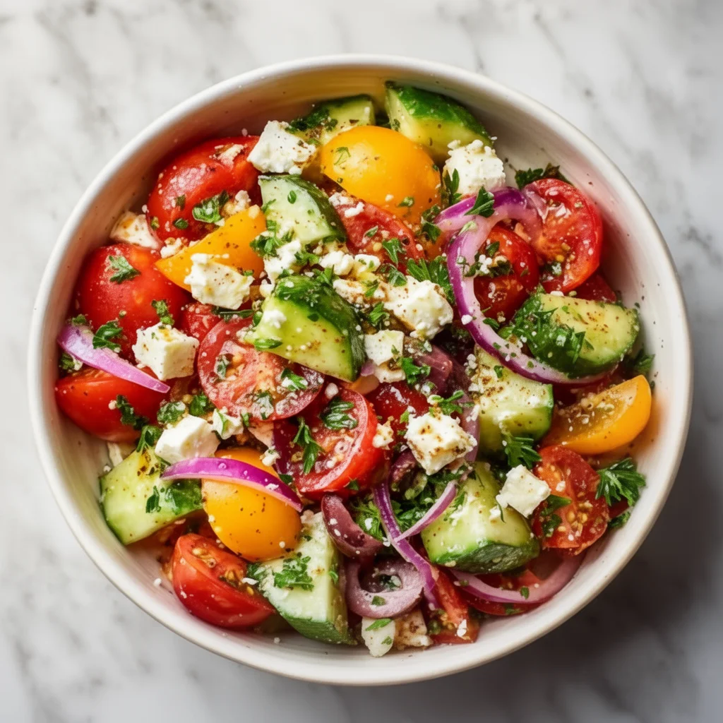 Delicious summer Tomato Cucumber Feta Salad served in a bowl