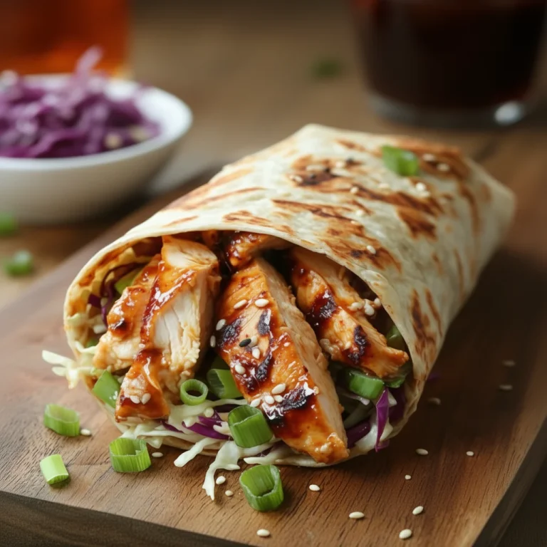 Delicious teriyaki chicken wrap with fresh vegetables and savory sauce