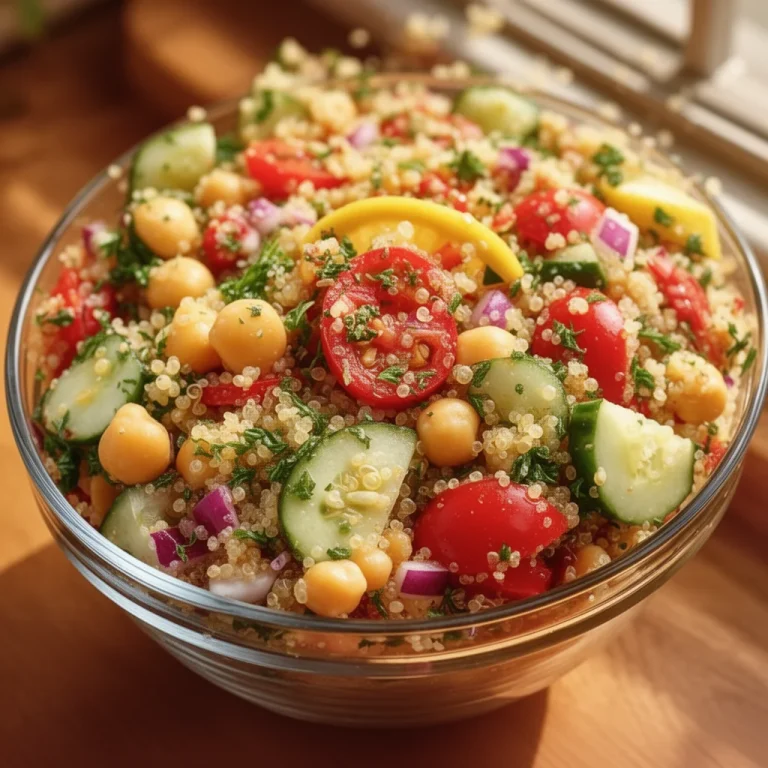 Vegan quinoa chickpea salad with fresh vegetables and herbs in a bowl.