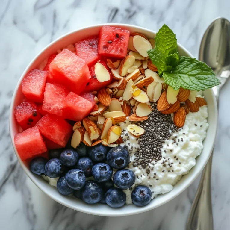 Healthy Watermelon Cottage Cheese Recovery Bowl topped with fresh watermelon chunks.