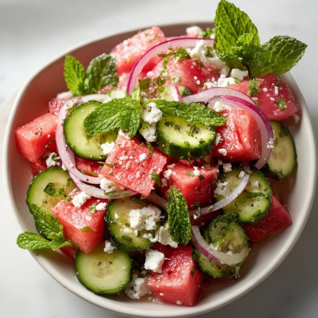 Watermelon Cucumber Feta Salad with fresh ingredients in a bowl