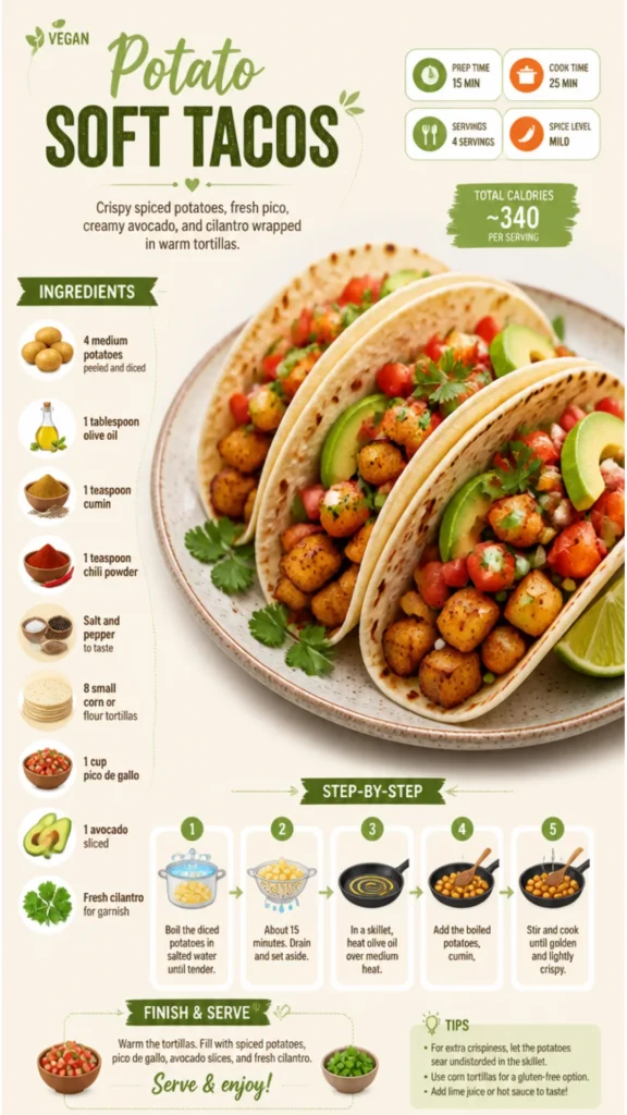 Vegan potato soft tacos served with fresh toppings in colorful tortillas