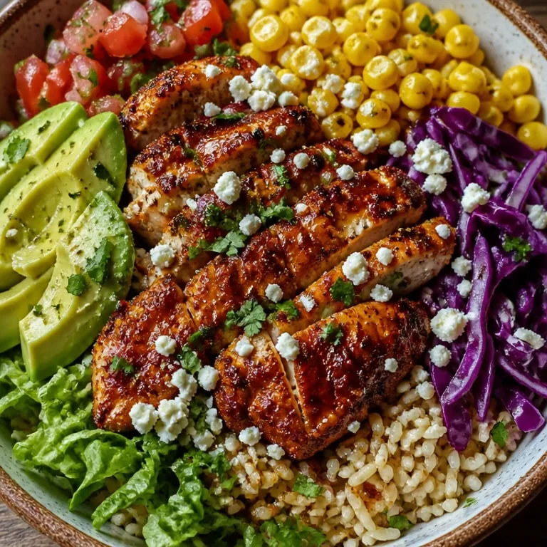 Baja Hot Honey Chicken Bowls topped with fresh ingredients in a vibrant bowl.