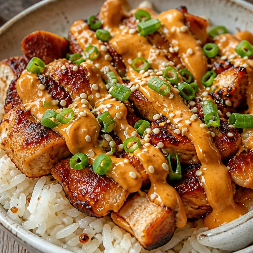 Delicious Bang Bang Chicken Bowl with tender chicken and spicy sauce