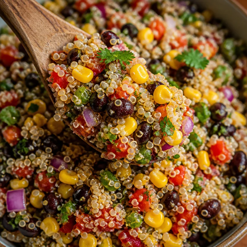 Colorful Black Bean and Corn Quinoa Salad with fresh ingredients