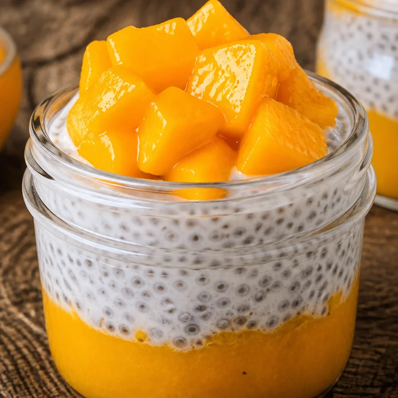 Coconut milk chia seed pudding topped with fresh fruit and nuts