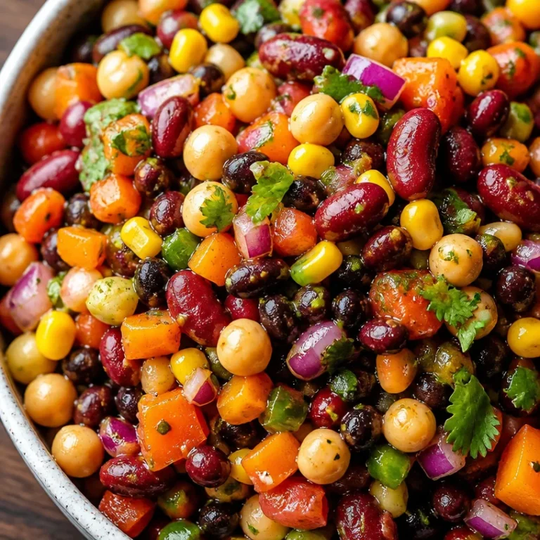 Colorful cold bean salad with fresh vegetables and dressing
