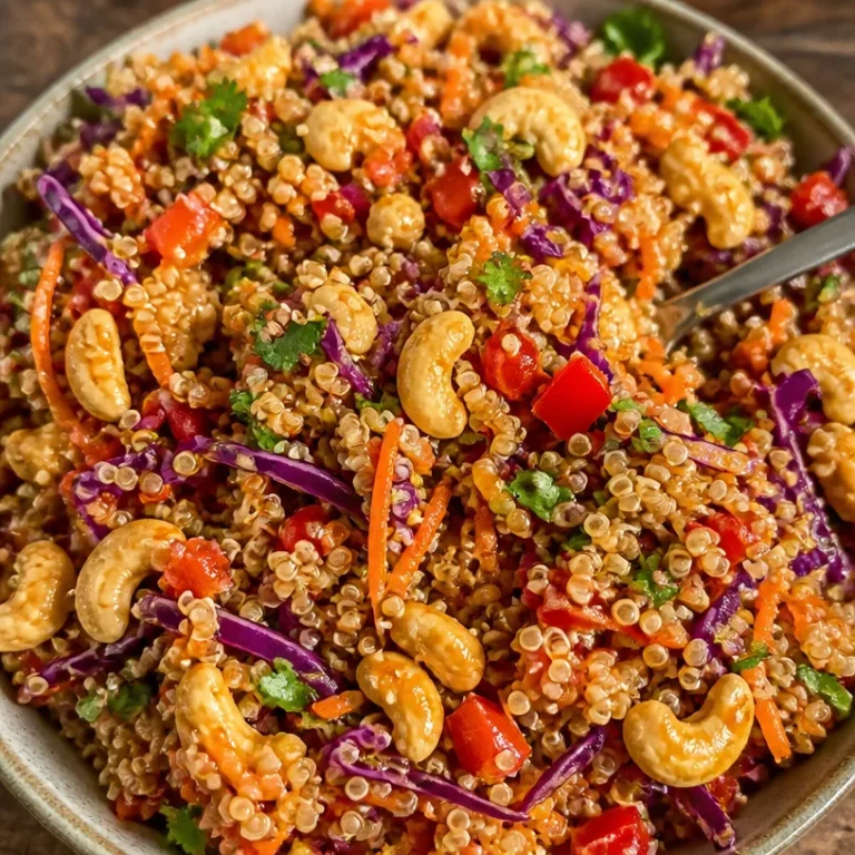 Fresh Thai Quinoa Salad topped with creamy peanut sauce and vibrant veggies.