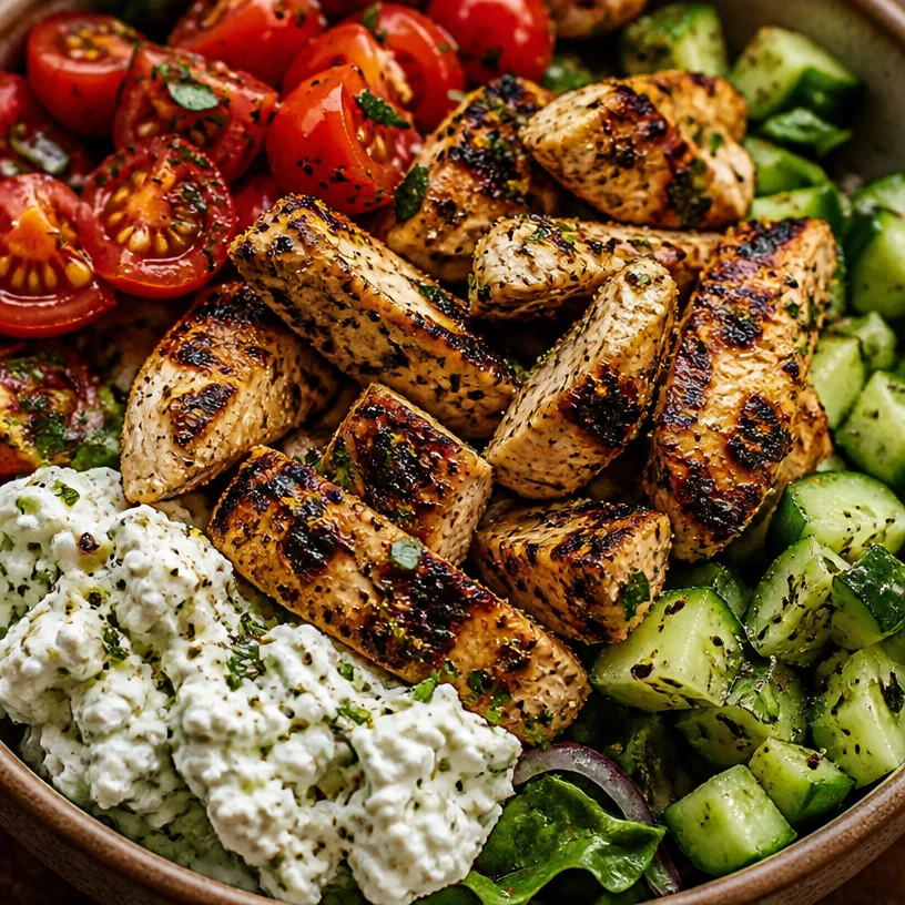 Delicious Greek Chicken Bowls with fresh vegetables and tzatziki sauce