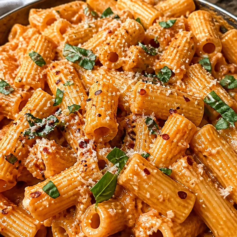 A bowl of healthy cottage cheese rigatoni garnished with fresh herbs.