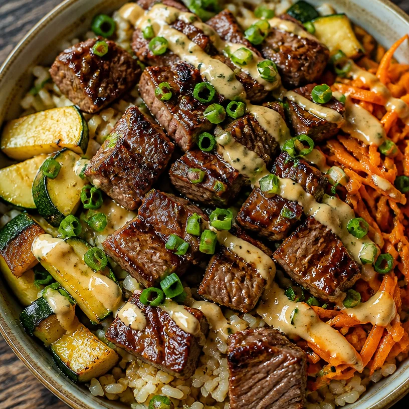 Hibachi Steak Bowls with fresh vegetables and flavorful sauce