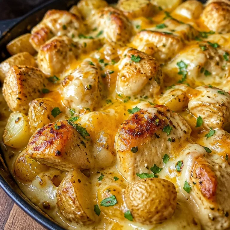 Creamy garlic cheesy chicken served with potatoes on a plate