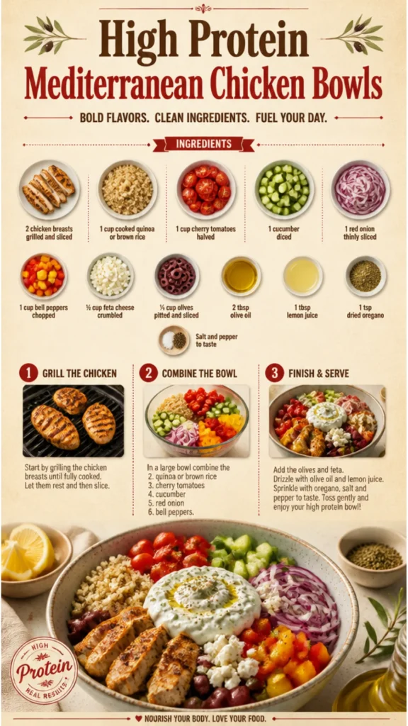 High protein Mediterranean Chicken Bowl with fresh vegetables and grains