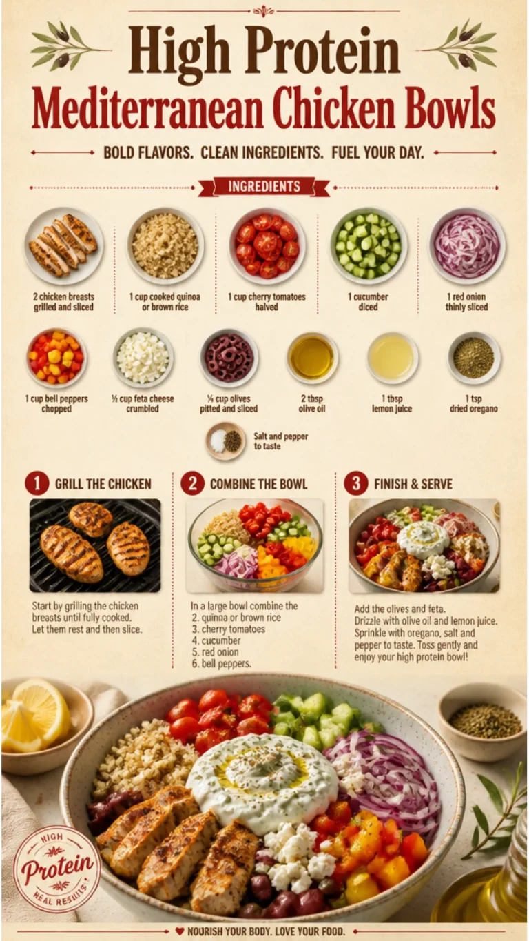 High protein Mediterranean Chicken Bowl with fresh vegetables and grains