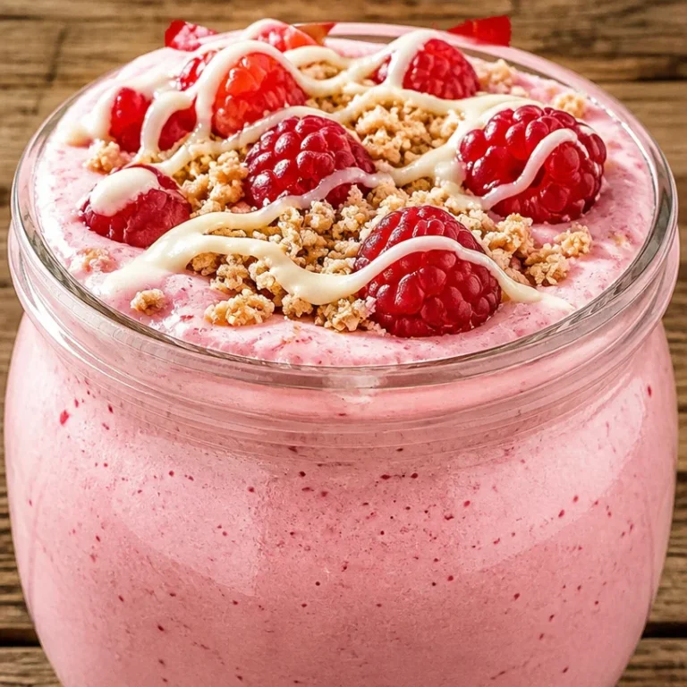 High protein raspberry cheesecake smoothie in a glass with fresh raspberries on top.