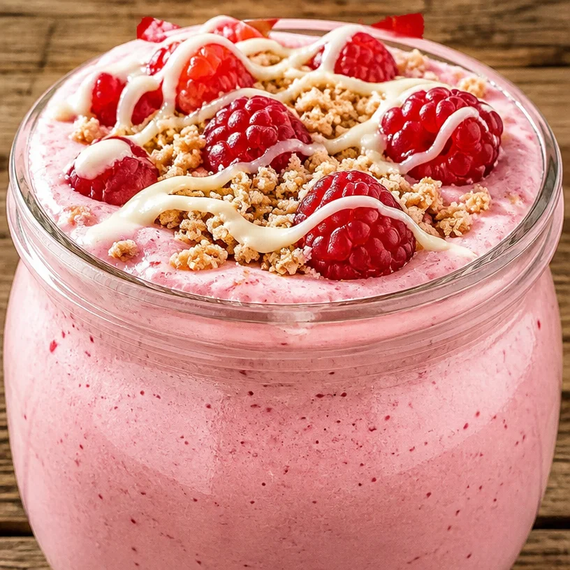 High protein raspberry cheesecake smoothie in a glass with fresh raspberries on top.