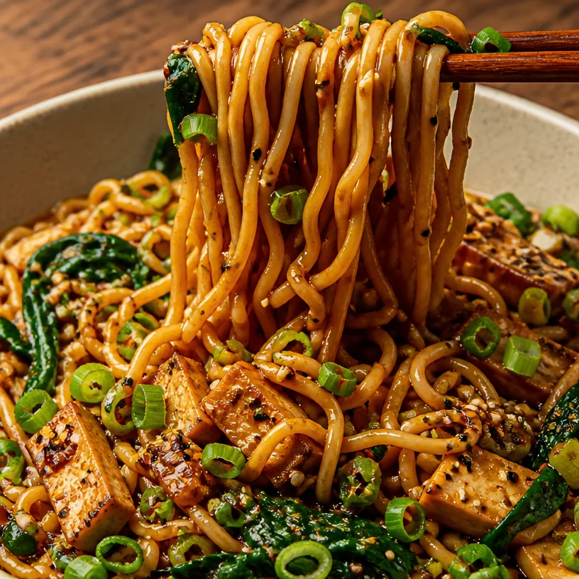 Bowl of high protein vegan ramen with fresh vegetables and noodles