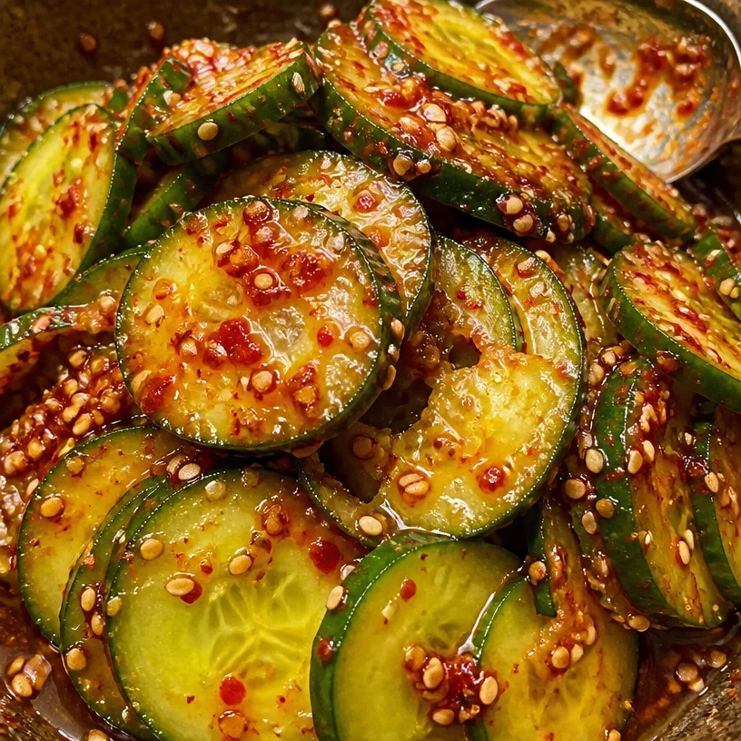 Delicious Korean Cucumber Salad topped with sesame seeds and green onions