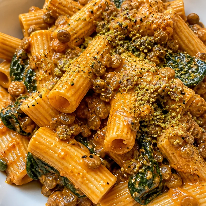 Lentil Tahini Pasta dish garnished with herbs and spices
