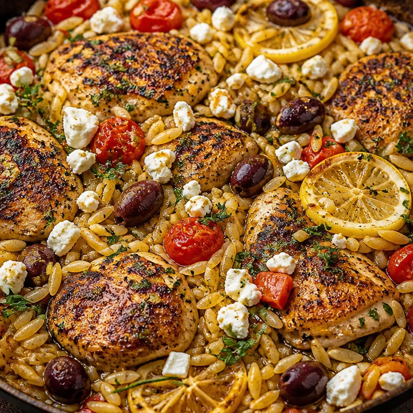 One-Pan Mediterranean Chicken Orzo dish with vibrant vegetables and chicken.