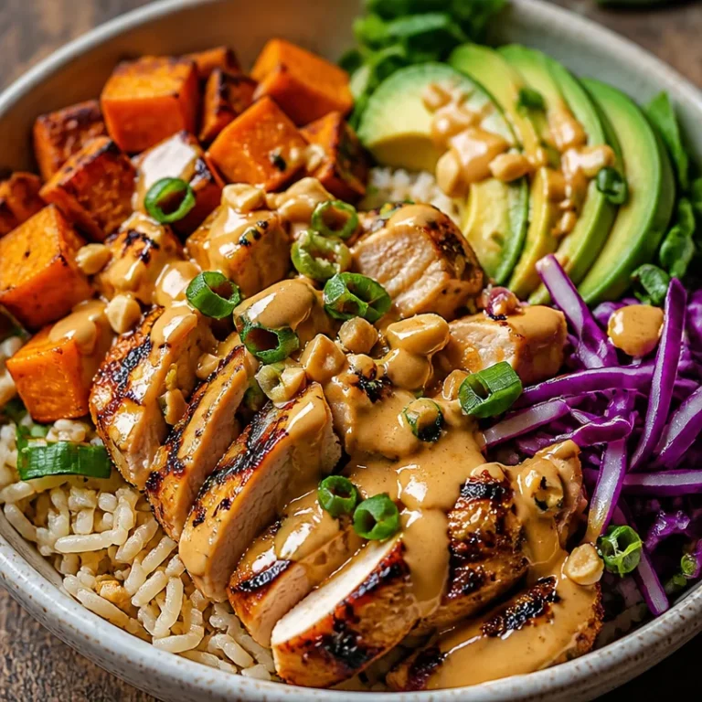 Healthy Peanut Chicken Protein Bowl with fresh veggies and sauce