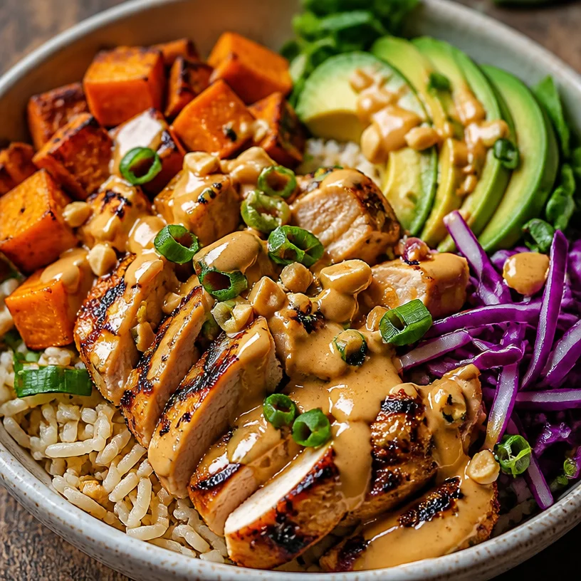 Healthy Peanut Chicken Protein Bowl with fresh veggies and sauce