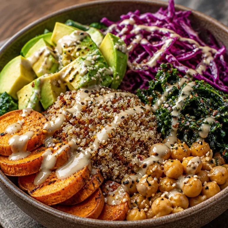 Delicious Quinoa Buddha Bowl drizzled with tahini dressing topped with fresh vegetables.