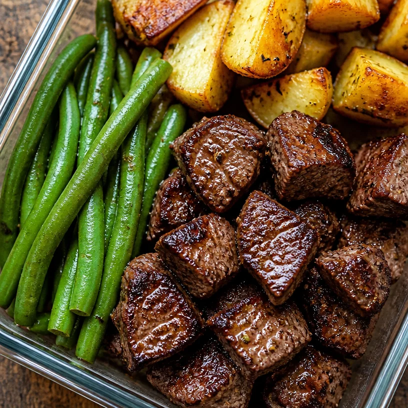 Savory steak bites ready for meal prep with fresh vegetables