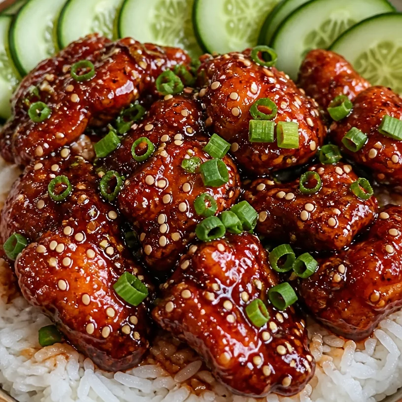 Delicious Sticky Honey Gochujang Chicken garnished with sesame seeds