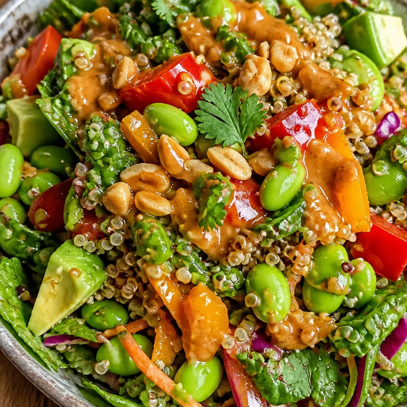 A colorful Thai Salad drizzled with Ginger Peanut Sauce, showcasing fresh veggies.